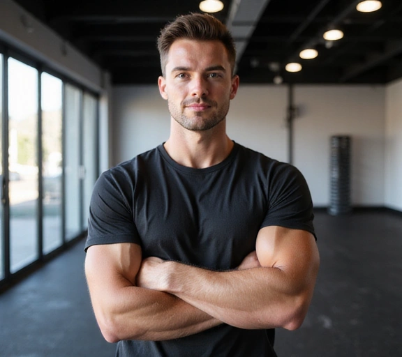 Portret Piotra Nowaka, trenera personalnego i specjalisty od suplementacji, w stroju sportowym.