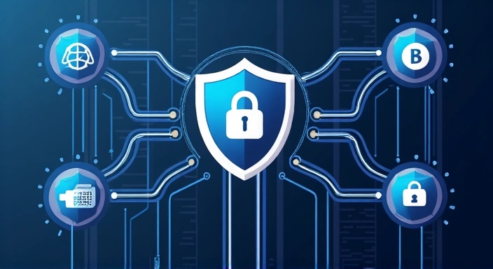 Ilustracja przedstawiająca ochronę danych osobowych, z ikonami tarczy i kłódki na tle cyfrowych danych.